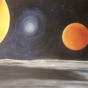 Muurschildering. Afmeting 150 x 100 cm "De Planeten" In opdracht.